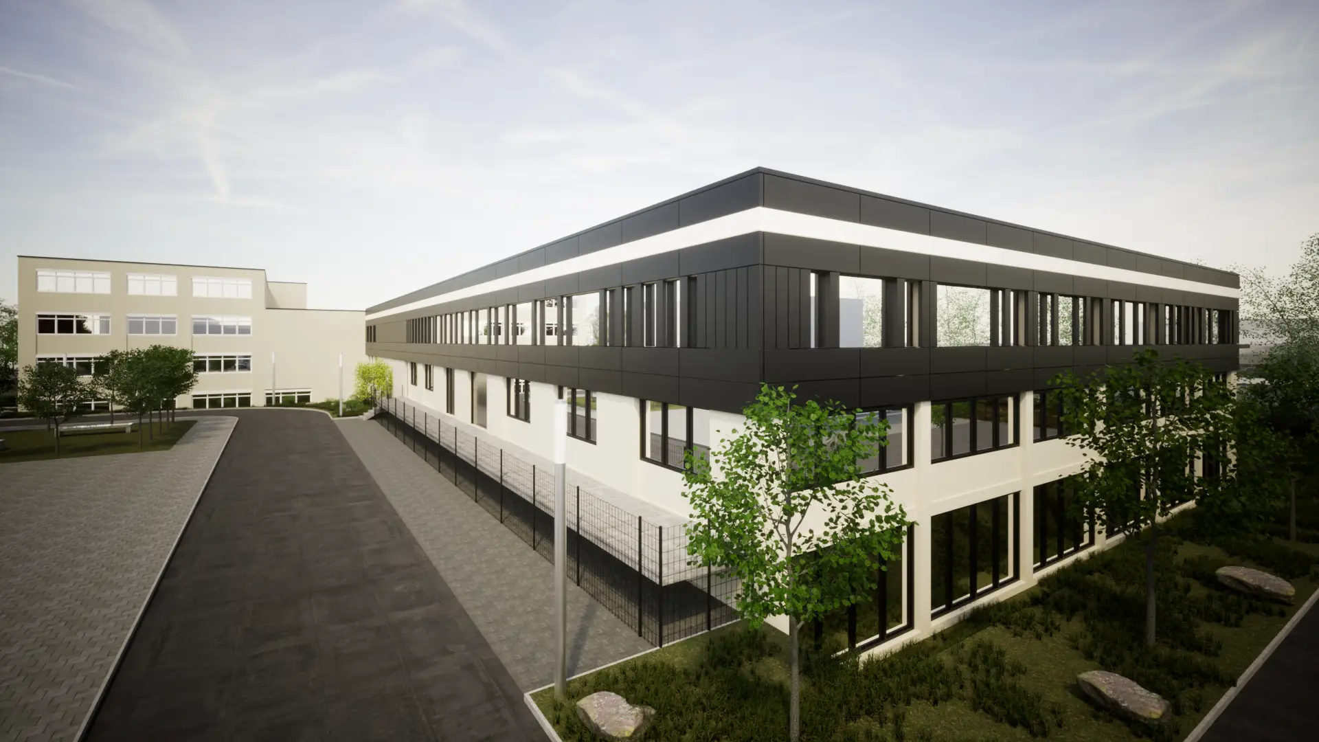 Architekturvisualisierung: modernes Bürogebäude mit dunkler Fassade und Vorplatz