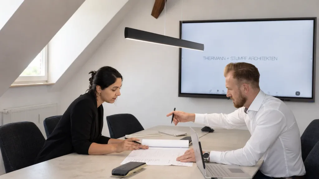 Beratungsgespräch am Tisch mit Bauplänen