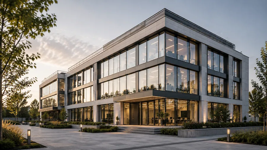 Bürogebäude mit Glasfassade im Abendlicht