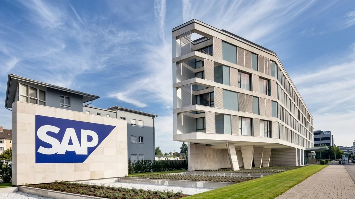 SAP Guesthouse, Außenansicht des Hotelneubaus mit SAP-Stele im Vordergrund